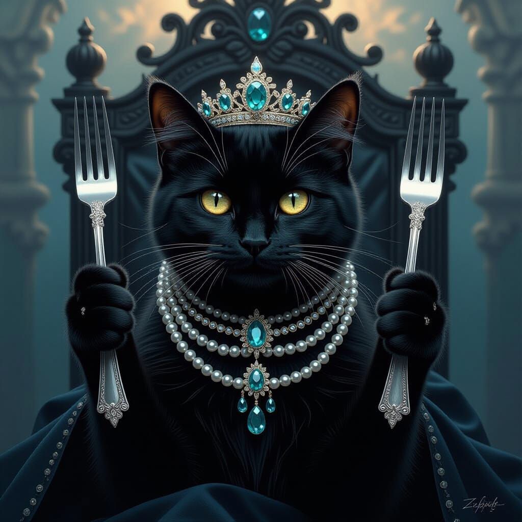 Regal Black Cat with Six Toes and Tiara Holding Fork