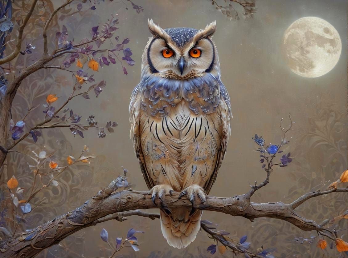 Mystical Owl Perched on Branch in Ethereal Fantasy