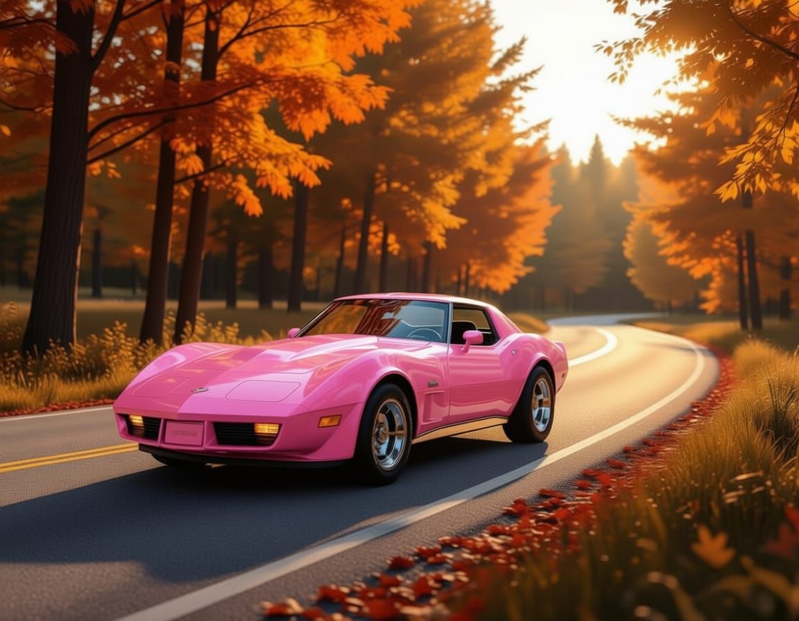 Pink Corvette in Autumn Landscape