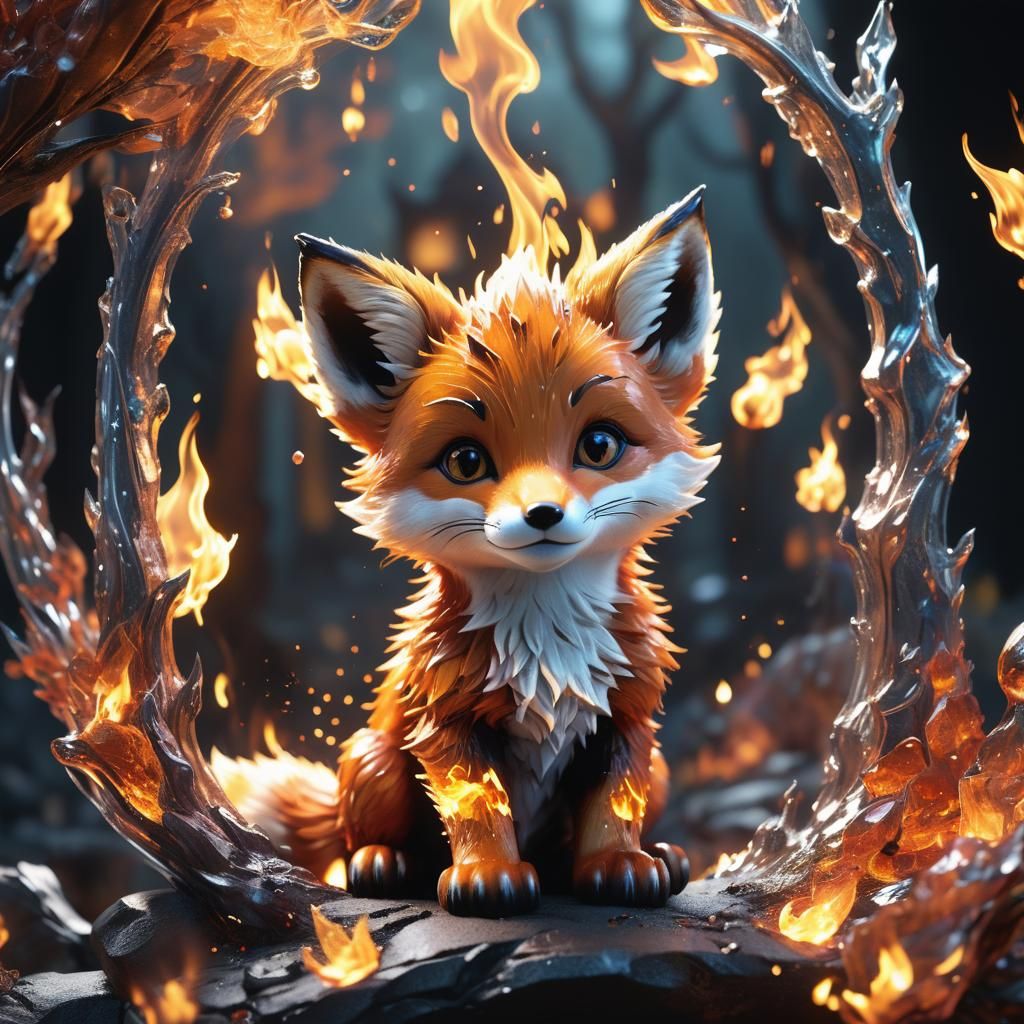 Glass Fox with Fire Cub: Detailed Matte Painting