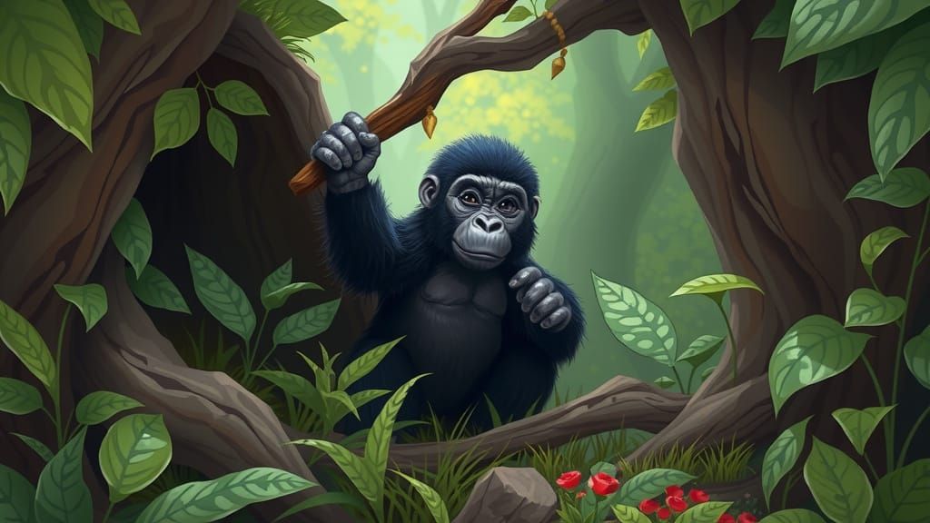A Tiny Gorilla Guardian in an Enchanted Jungle Garden