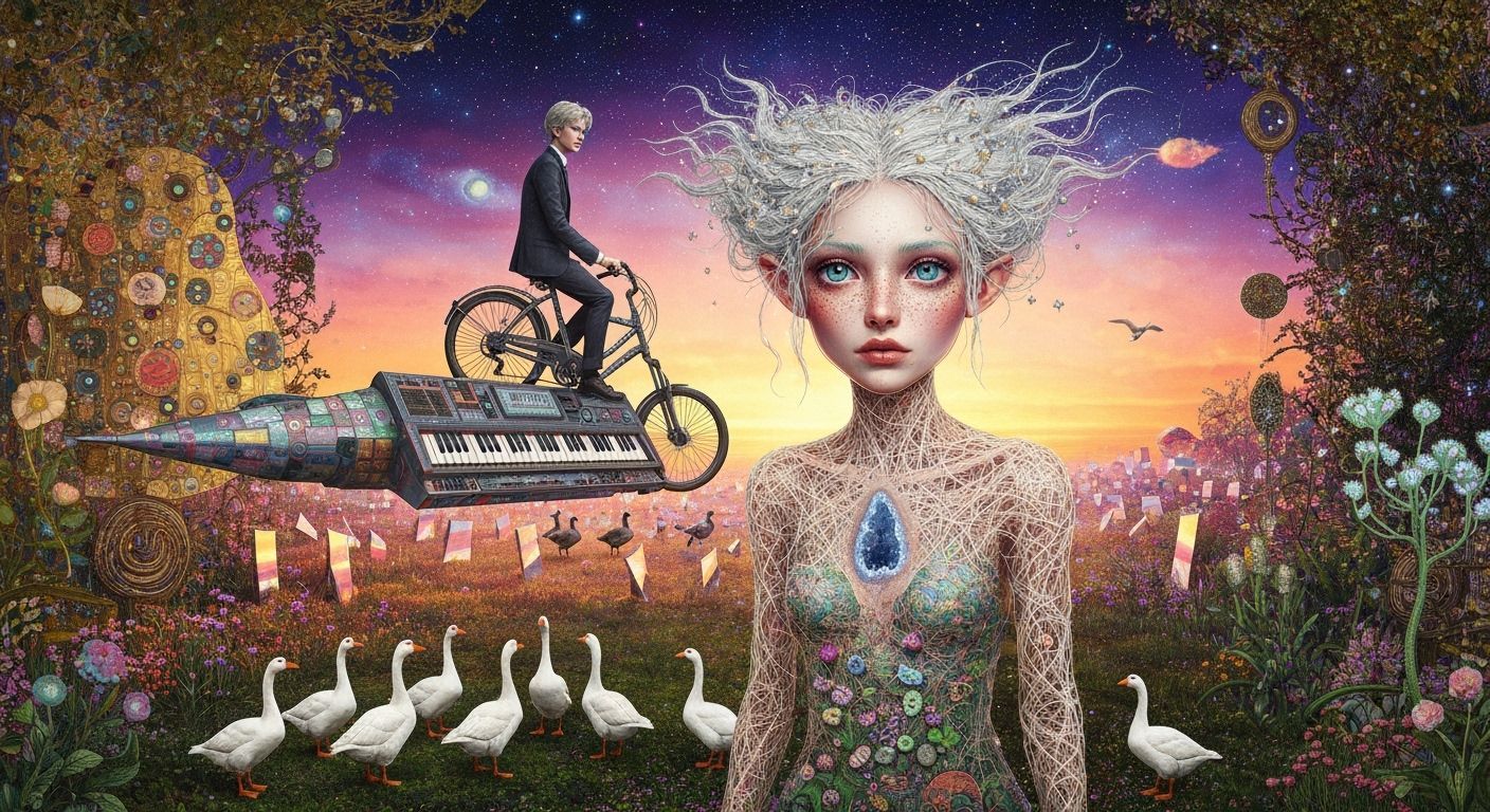 Ethereal Figures Compose Surreal Poems in Cosmic Garden