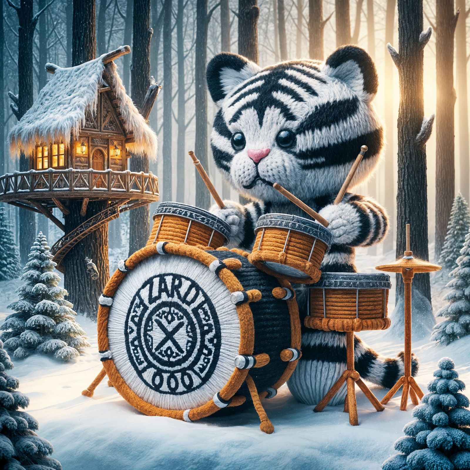 Knitted Tiger Drummer in Snowy Forest