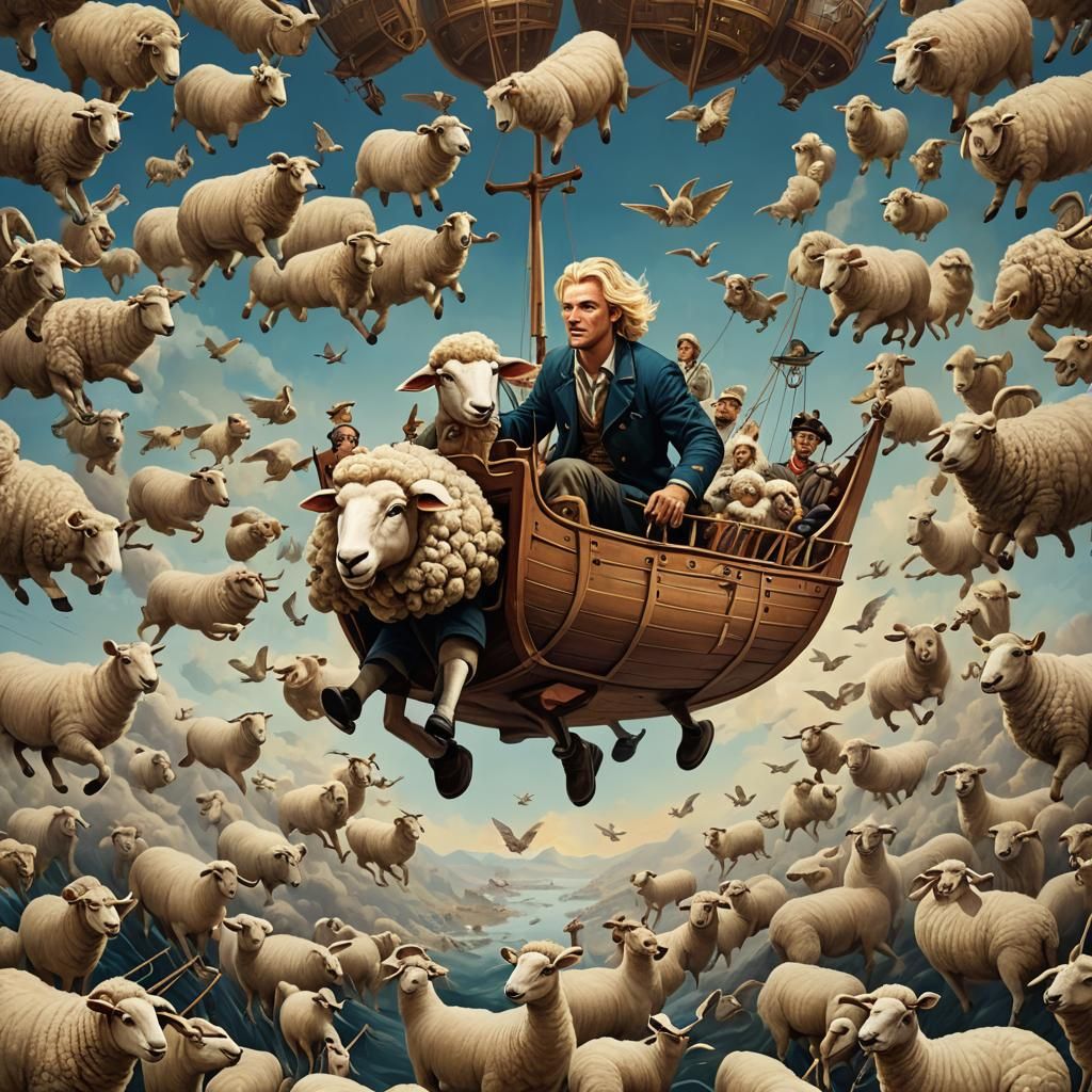 Surreal Sheep Ship Flight at Moonrise
