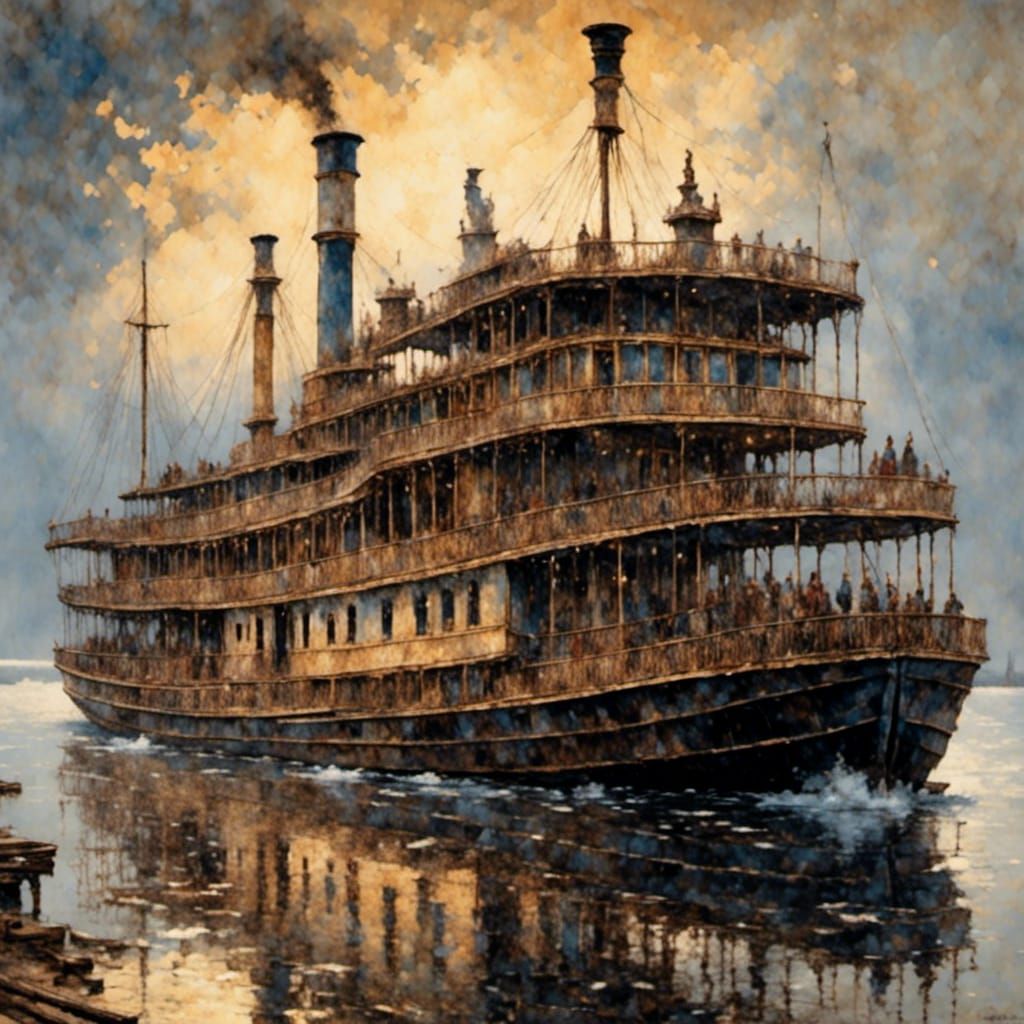 Steamboat on the Mississippi in Pointillist Style