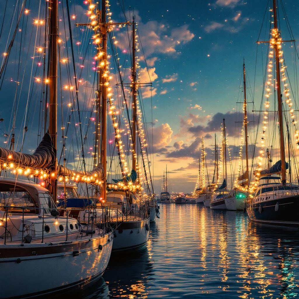 Harbor Yachts with Colored Lights in Splash Art Style