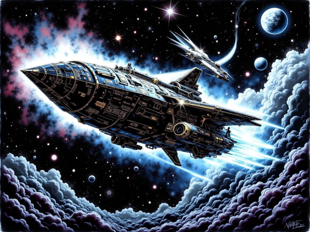 Futuristic Starship Battles Cosmic Vessel in Psychedelic Neb...