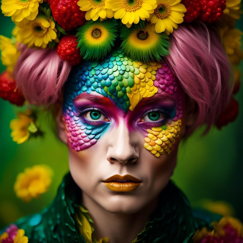 Colorful Peacock Woman Portrait in Studio Lighting