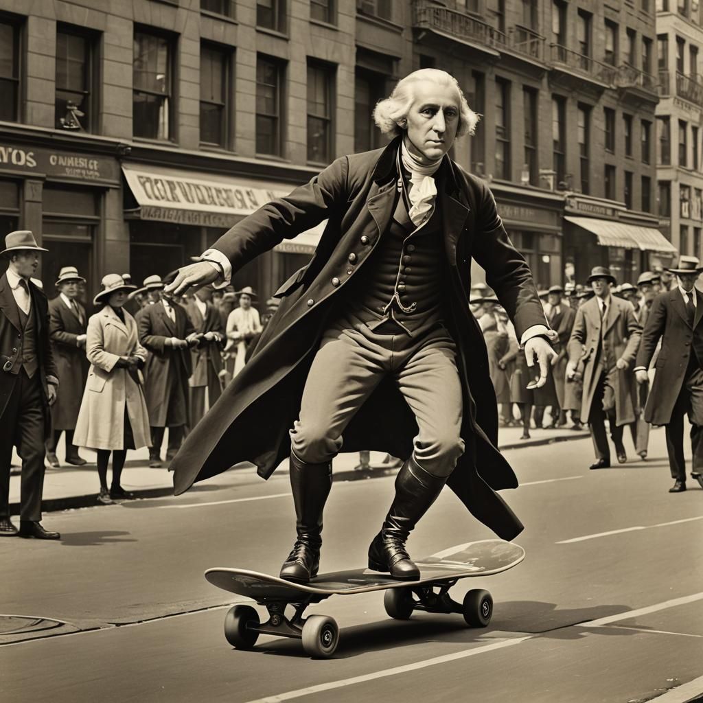 George Washington skateboarding on a New York street