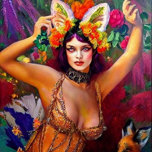Fox-Eared Woman in Carnival Outfit: Oil Painting