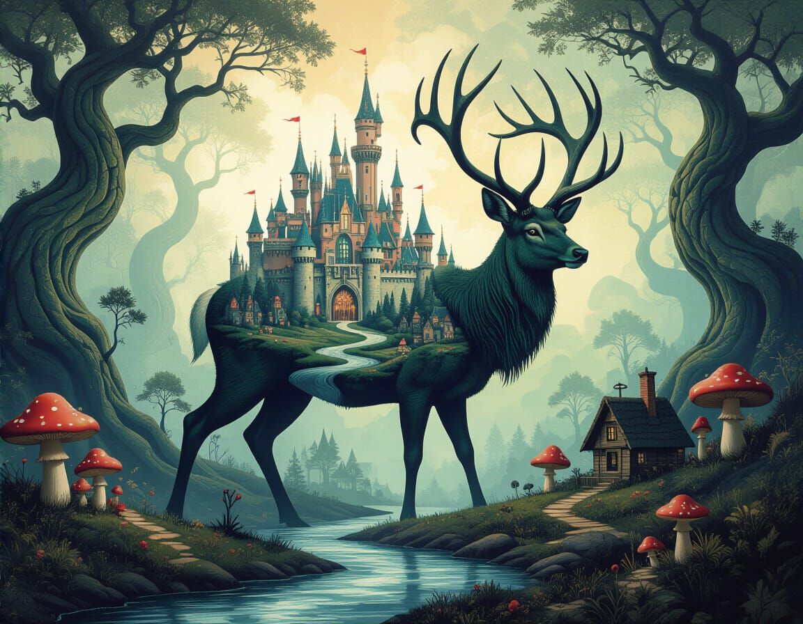 Magical Deer Kingdom: Abstract Expressionist Sci-Fi Art