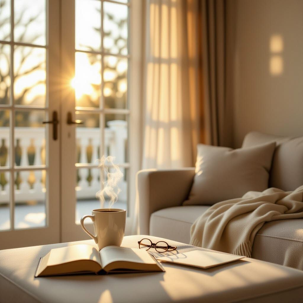Golden Hour Sunlight on Sofa and Coffee Table
