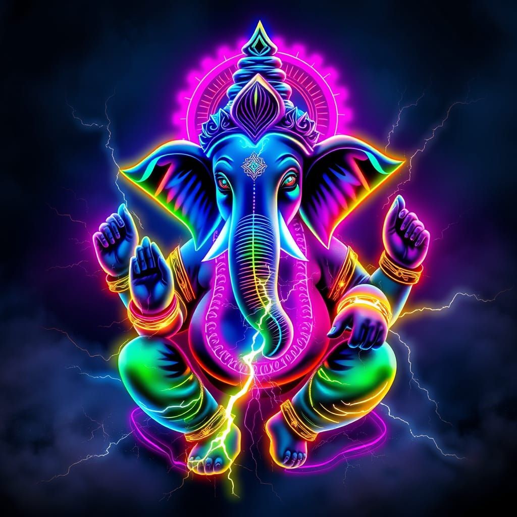 Neon Lightning Lord Ganesha Holographic Illustration