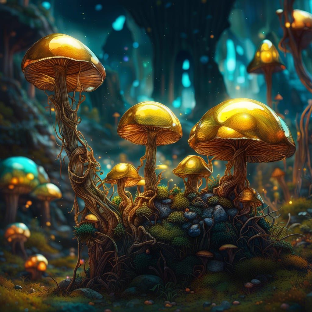 Golden Glass Mushrooms in Fantasy Landscape
