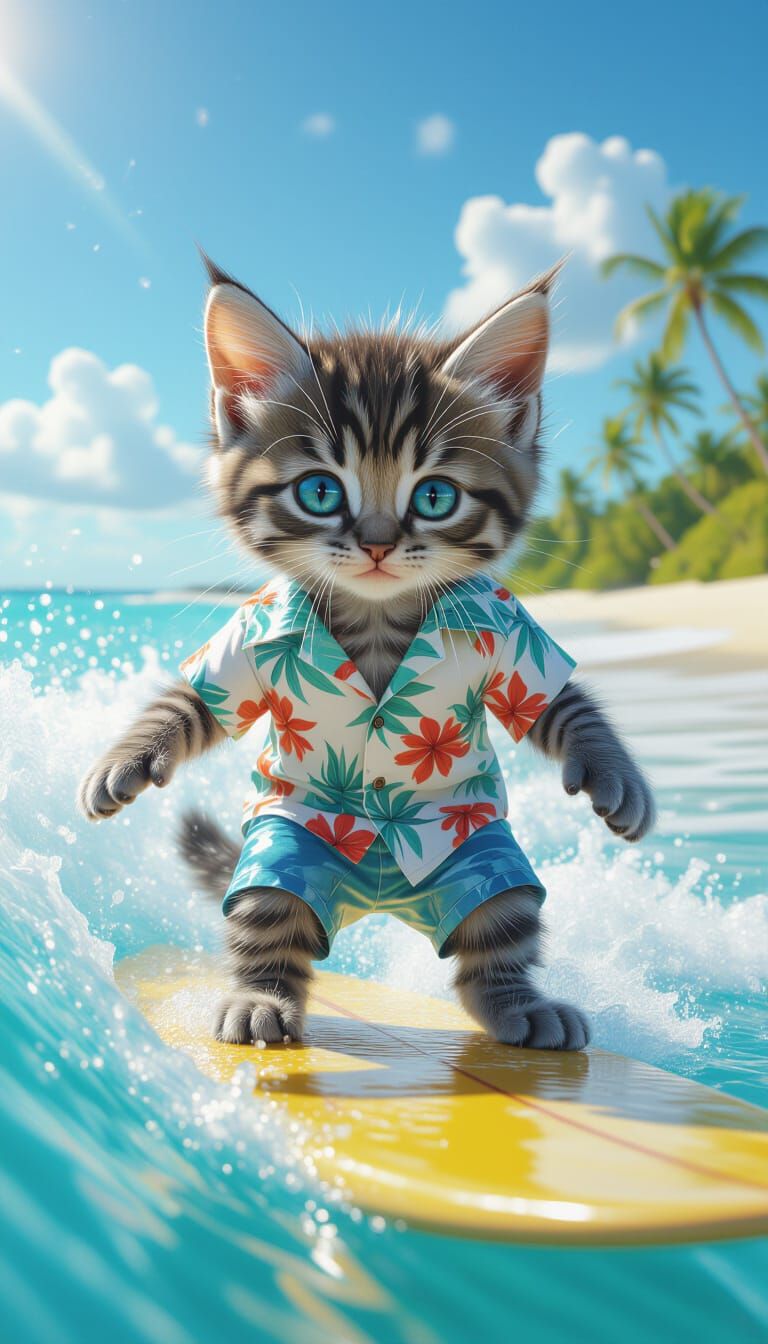 Kitten Surfing a Wave in Photorealistic Style