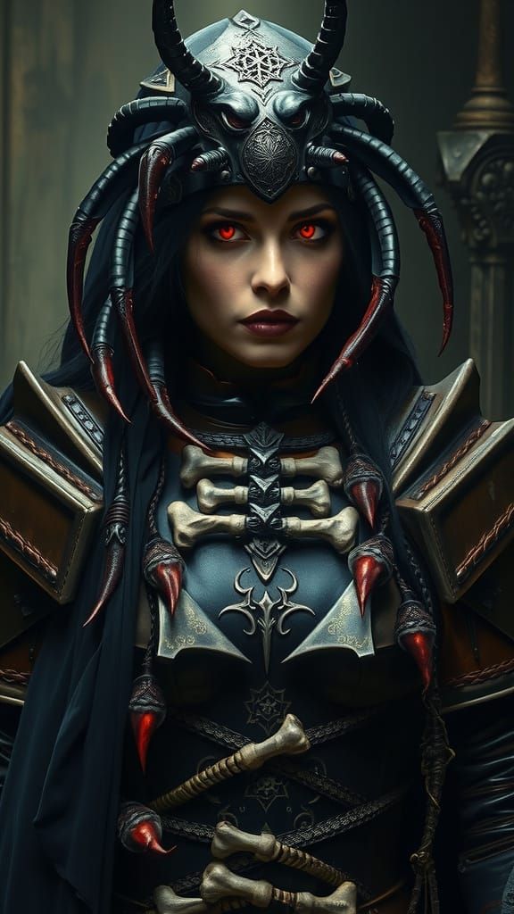 Cyberpunk Woman with Red Eyes in Dark, Macabre Horror-Inspir...