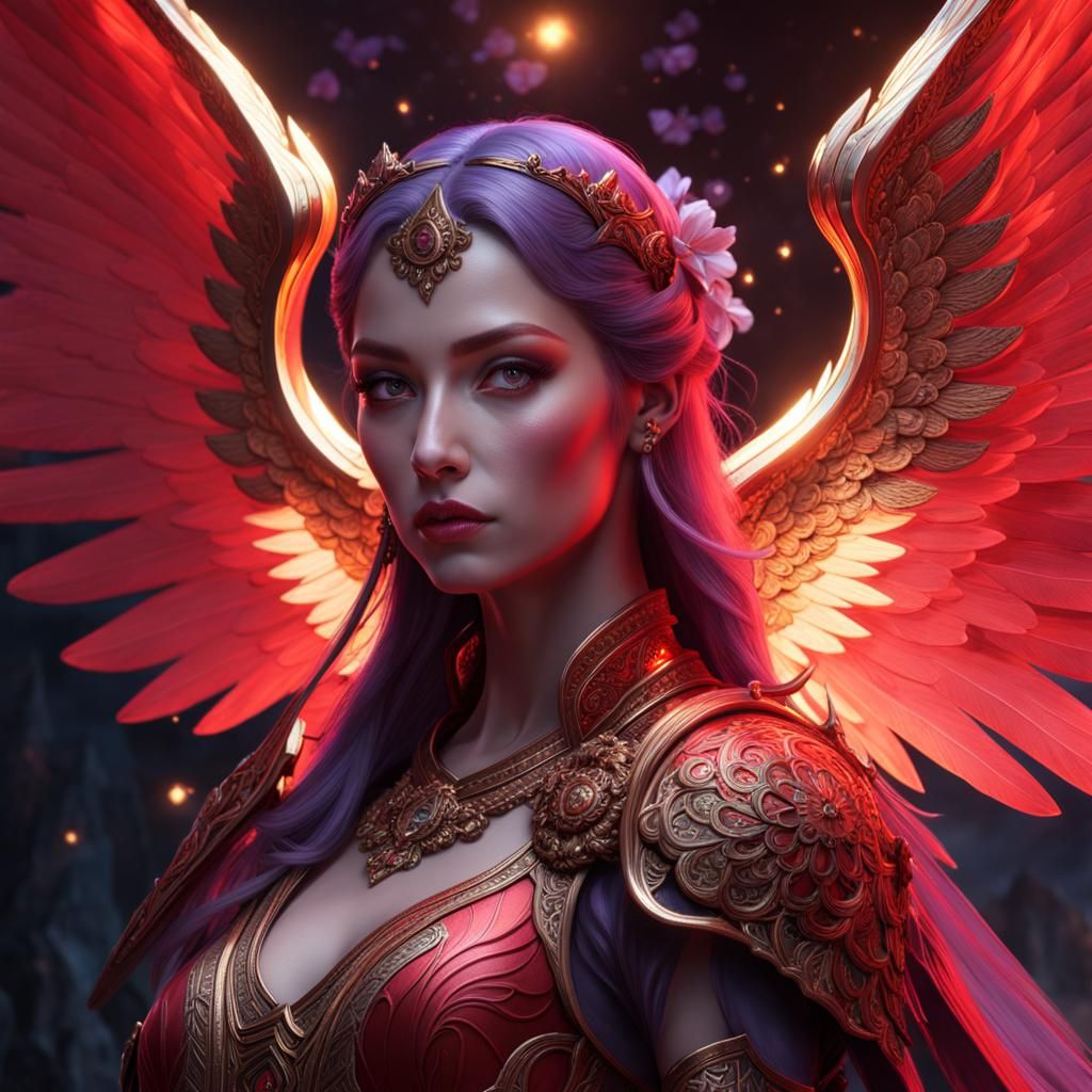 Red Angel with Six Wings: Detailed Matte Painting
