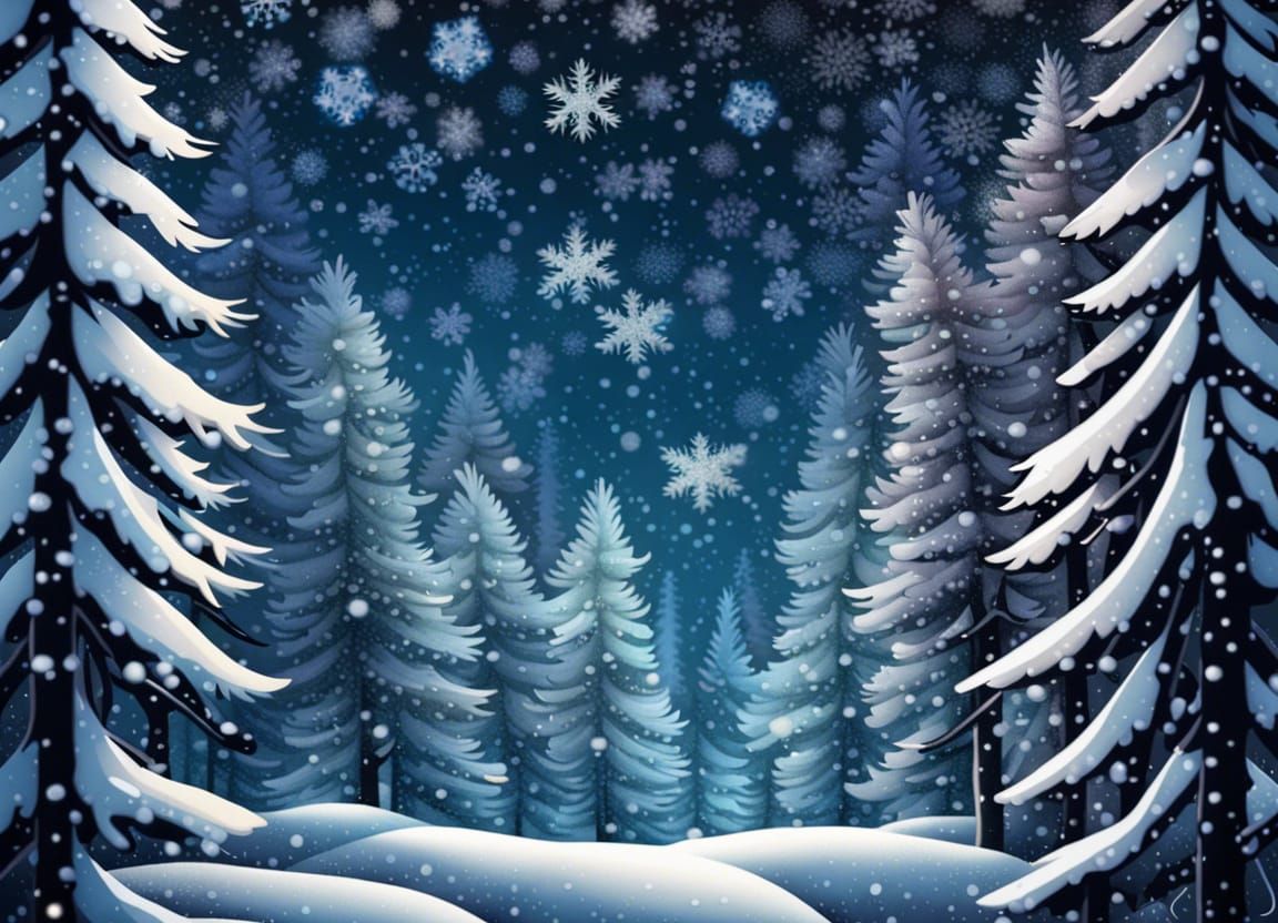 Snowy Night Forest in Hyperrealistic Detail