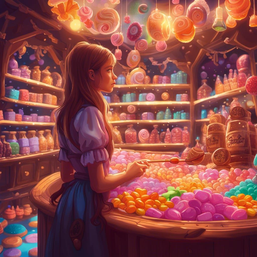 Girl in Fantasy Candy Shop, Dream Concept