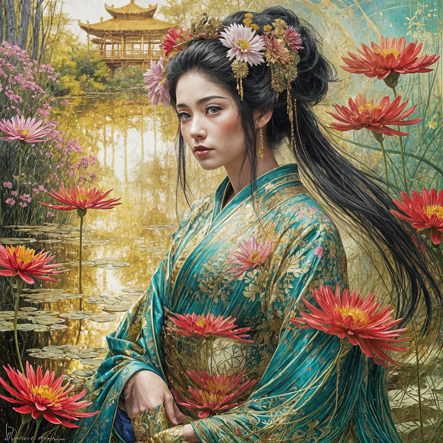 Surreal Geisha Goddess in Celestial Garden