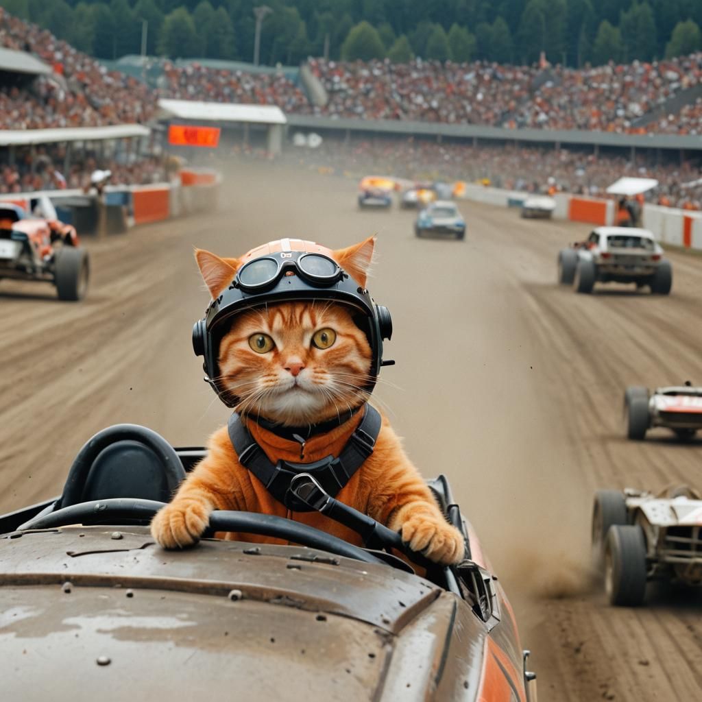 Orange Cat Races in a Stock Car