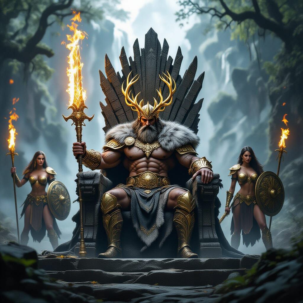 Warrior King on Stone Throne in Misty Forest