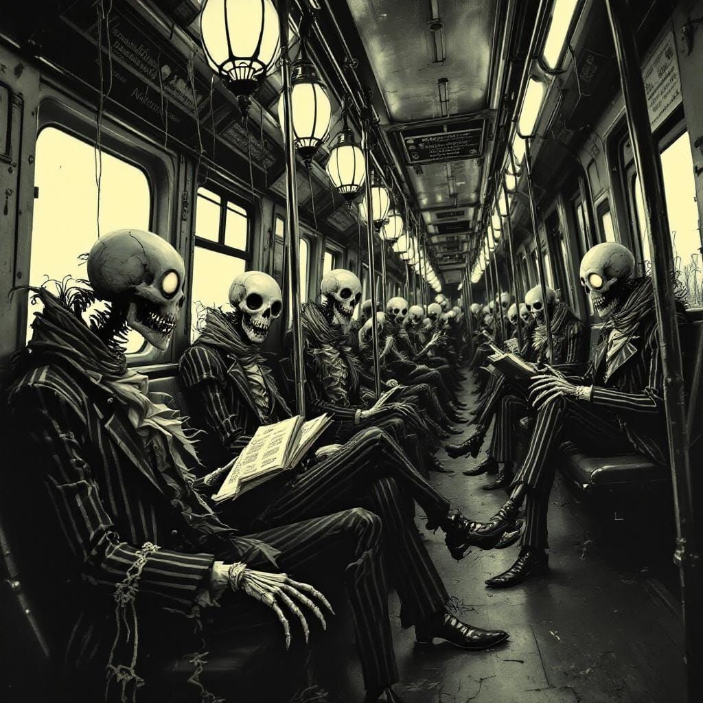 Tim Burton Style Subway Car with Skeletal Passengers