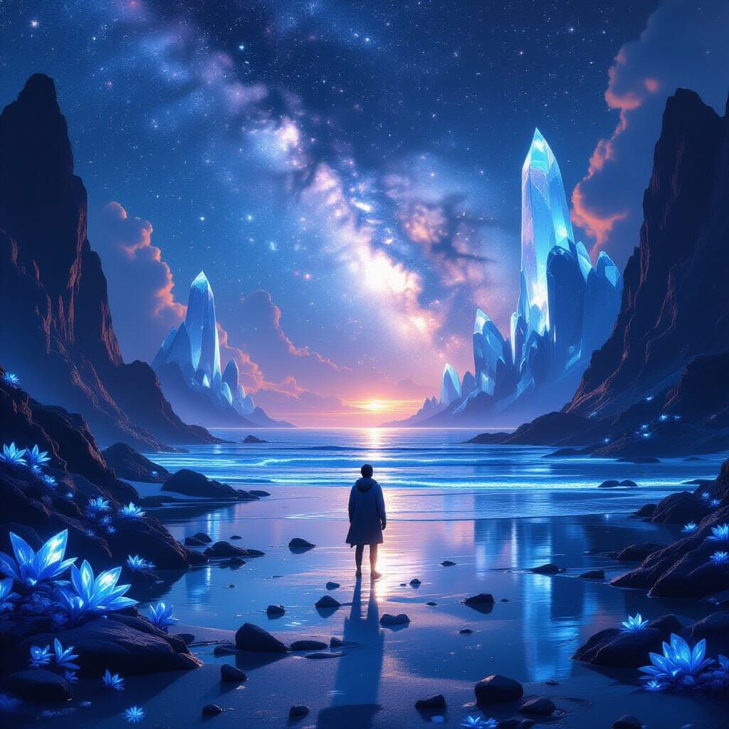 Alien Beach Scene with Gemstone Sand and Nebula Sky