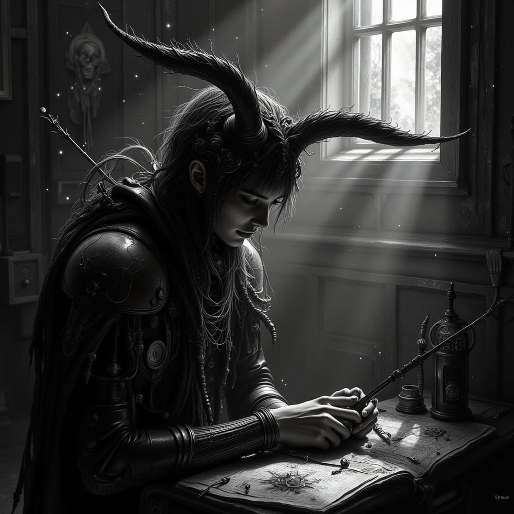 Moody Black and White Cyberpunk Fae in Dark Glitch Aesthetic