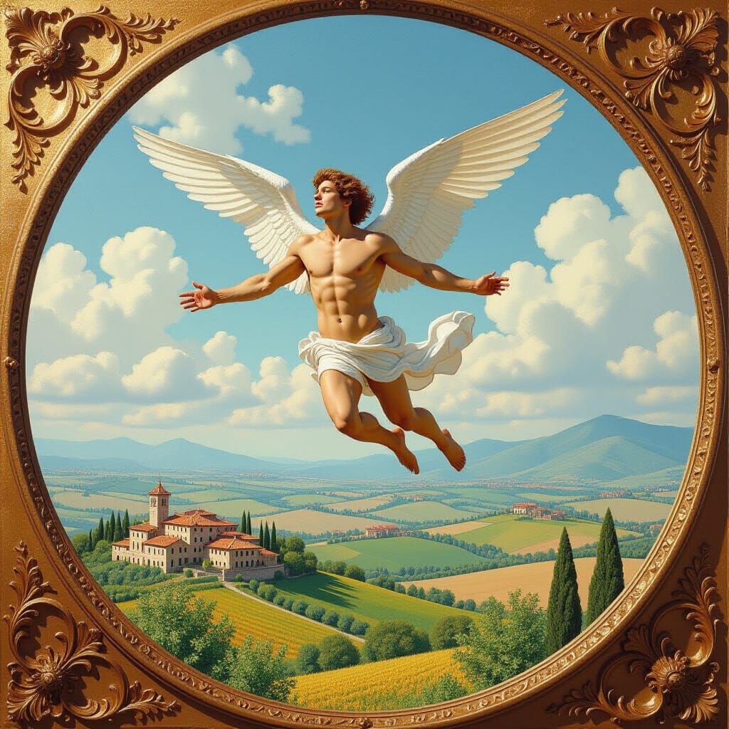 Male Angel Flying Over Italian Countryside in Surrealist Sty...