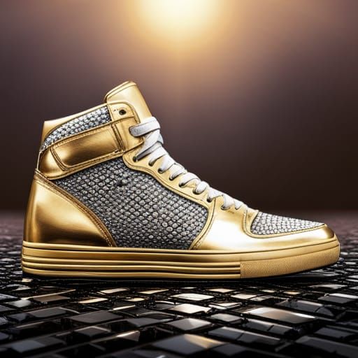 Diamond-Encrusted Gold Sneakers on Black Liquid Background
