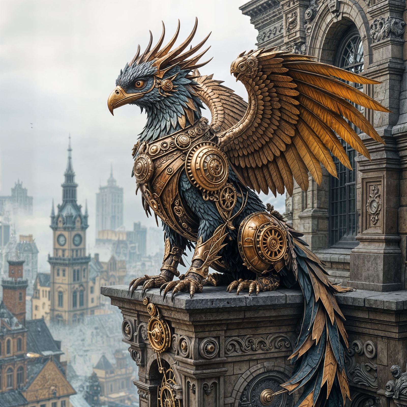Steampunk Griffin in Victorian Cityscape