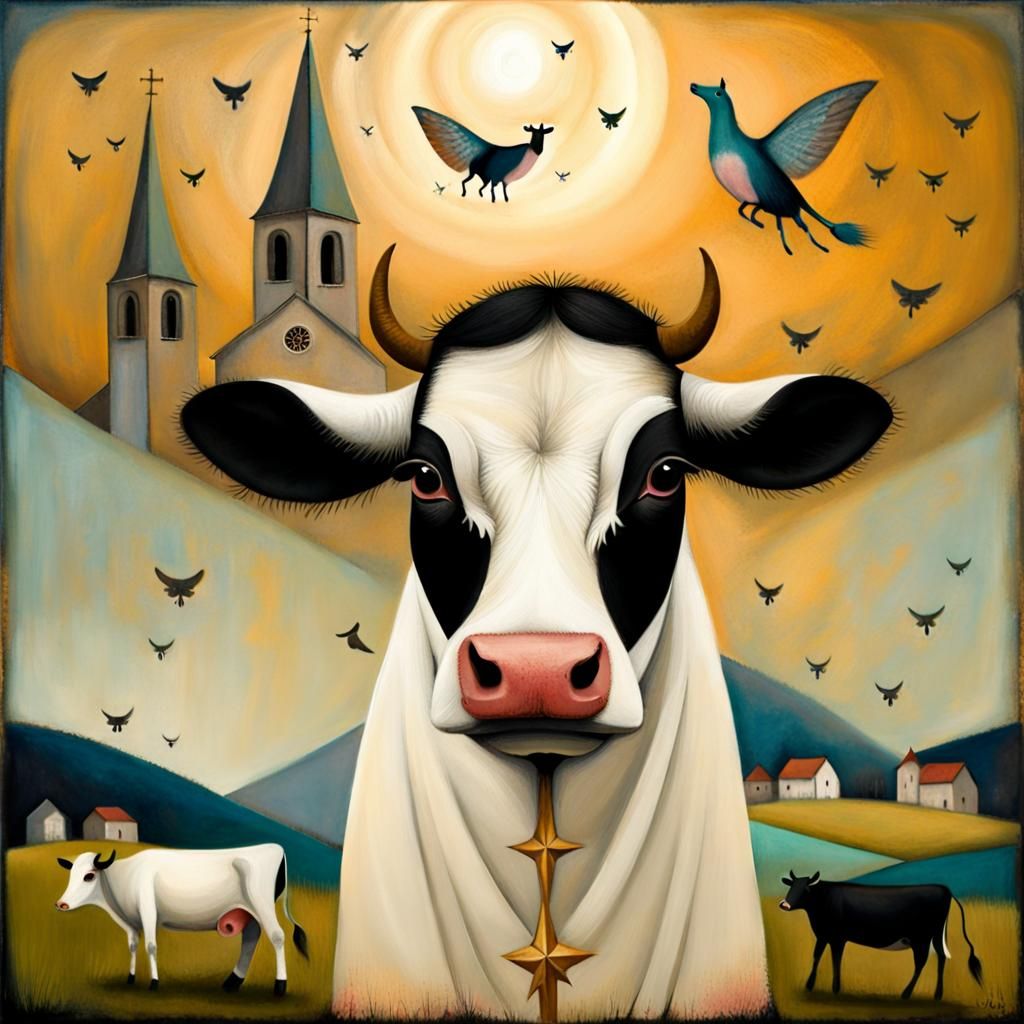 Girl Watching Flying Cow in Art Brut Style