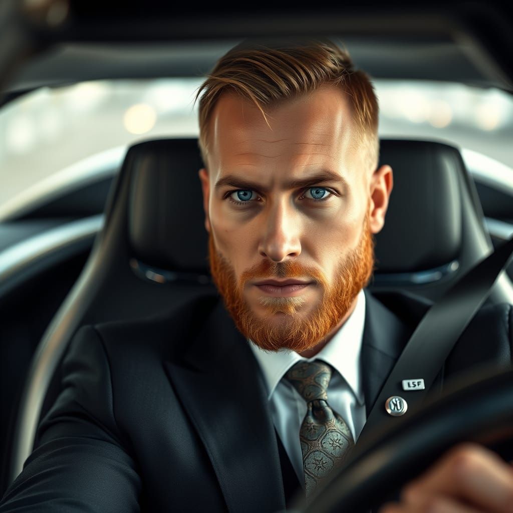 Confident Viking Businessman in Modern Flying Car