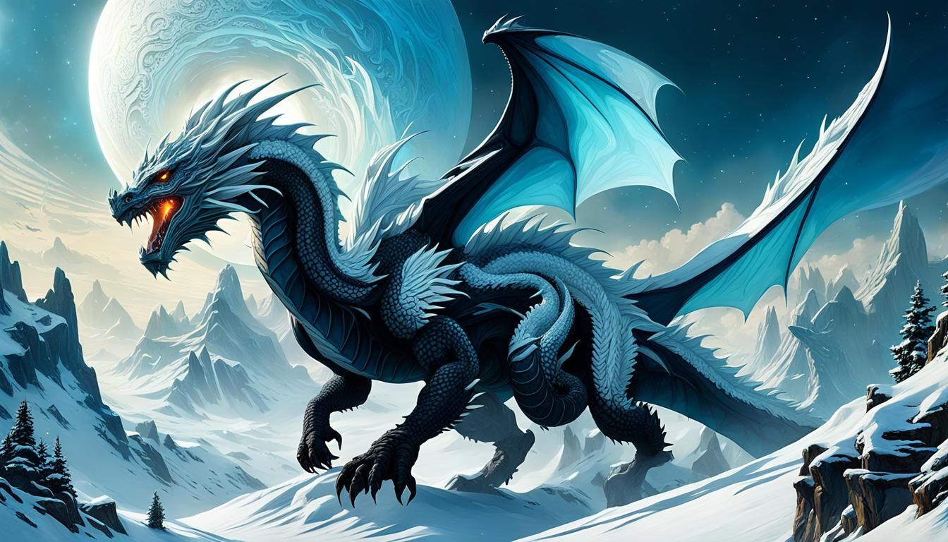 Icy Dragon Silhouette in Sci-Fi Snowstorm