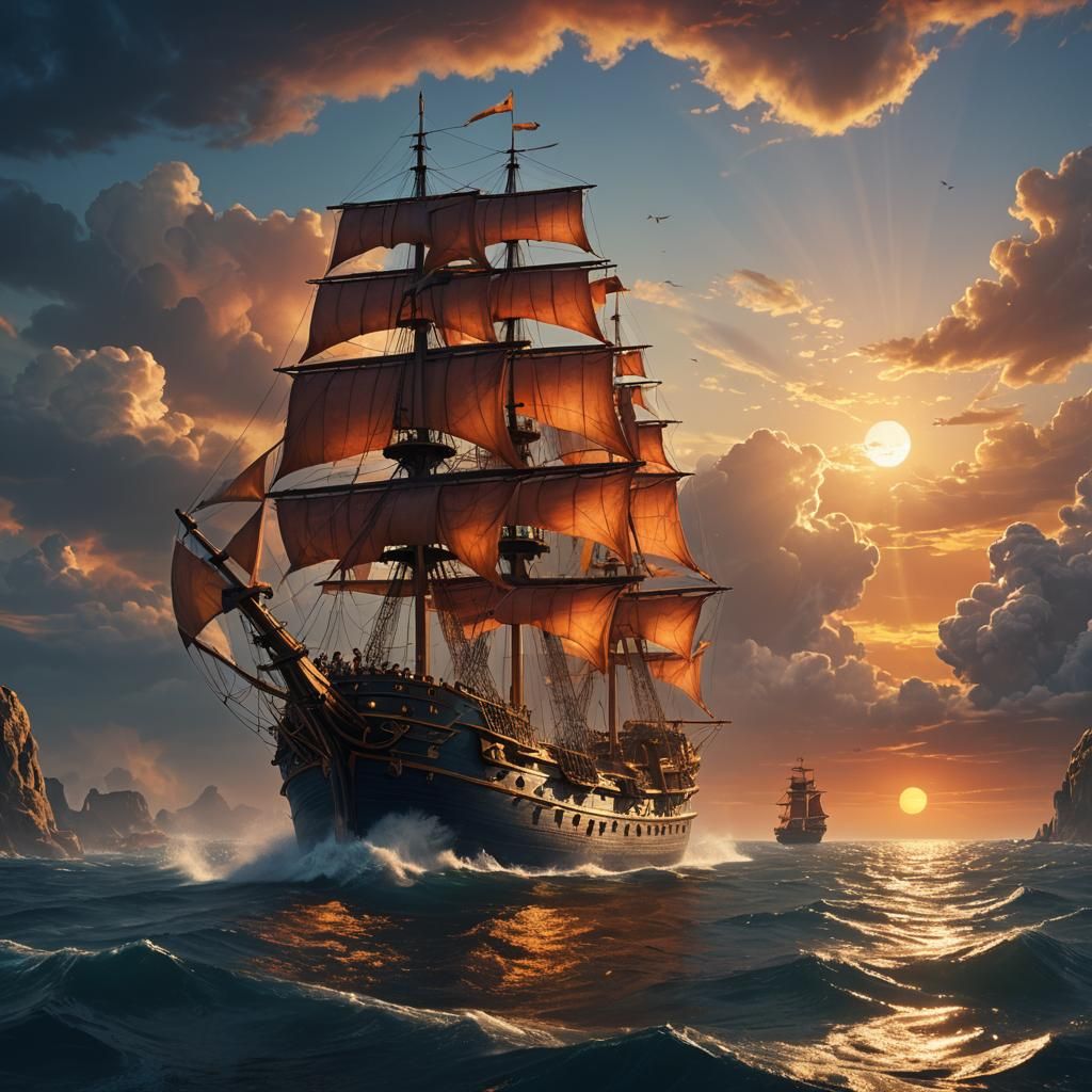 Majestic Ship at Sunset: Fantasy Digital Painting