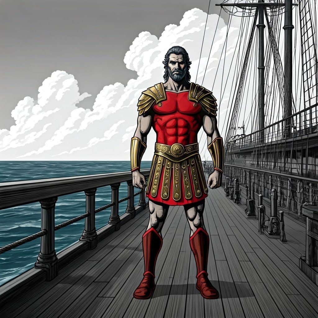 Menelaus on Clipper Ship in 1950s Comic Style
