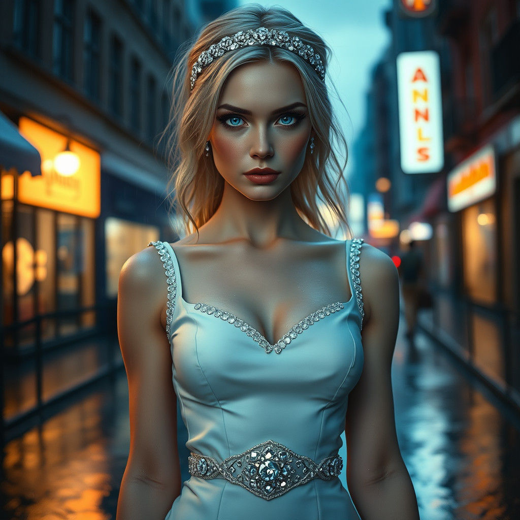 Woman in Diamond Gown Stands in Rainy Street