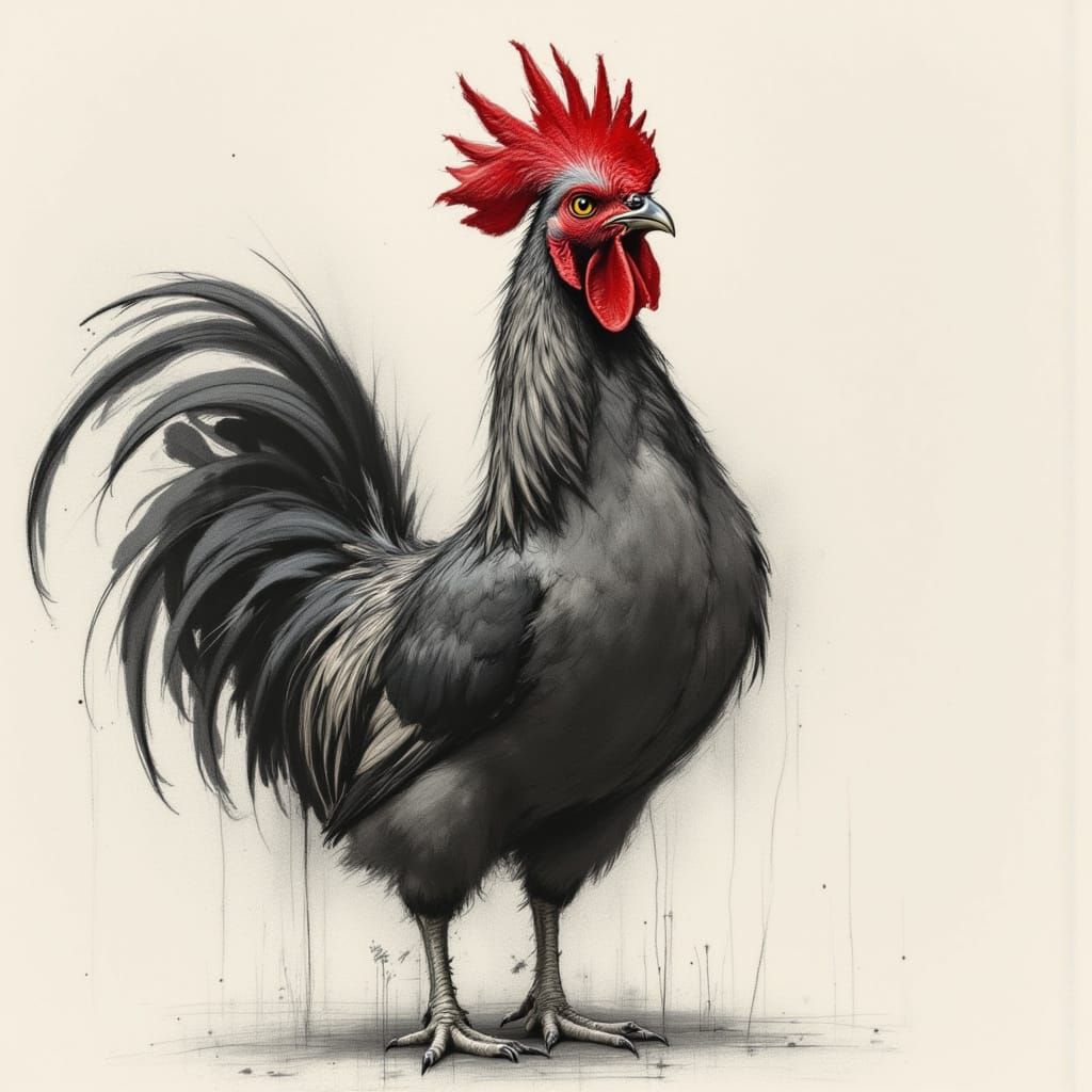 Dramatic Rooster in Charcoal Sketch