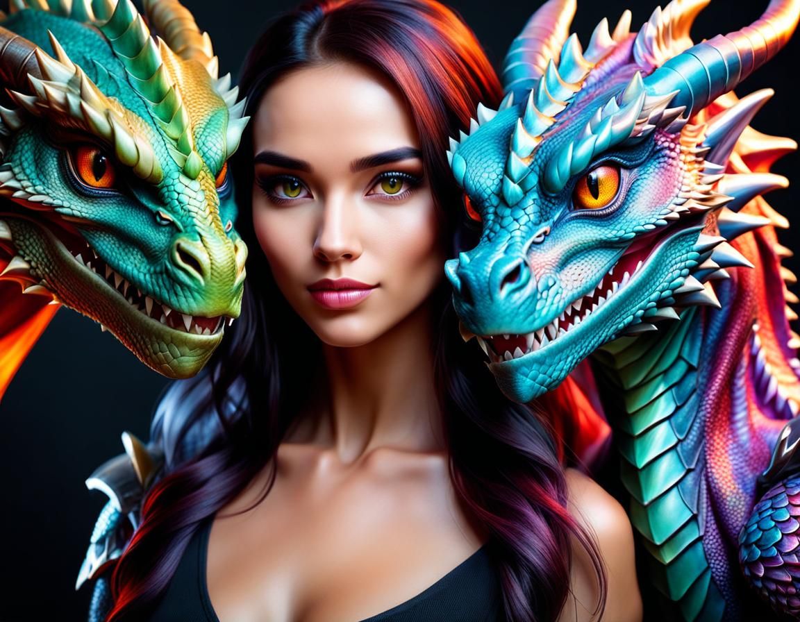 Woman and Dragon Portrait in Colorful Stock Photo Style
