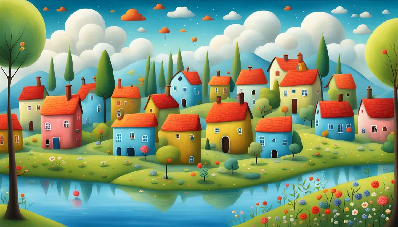 Naive Art Village Scene Storybook Illustration