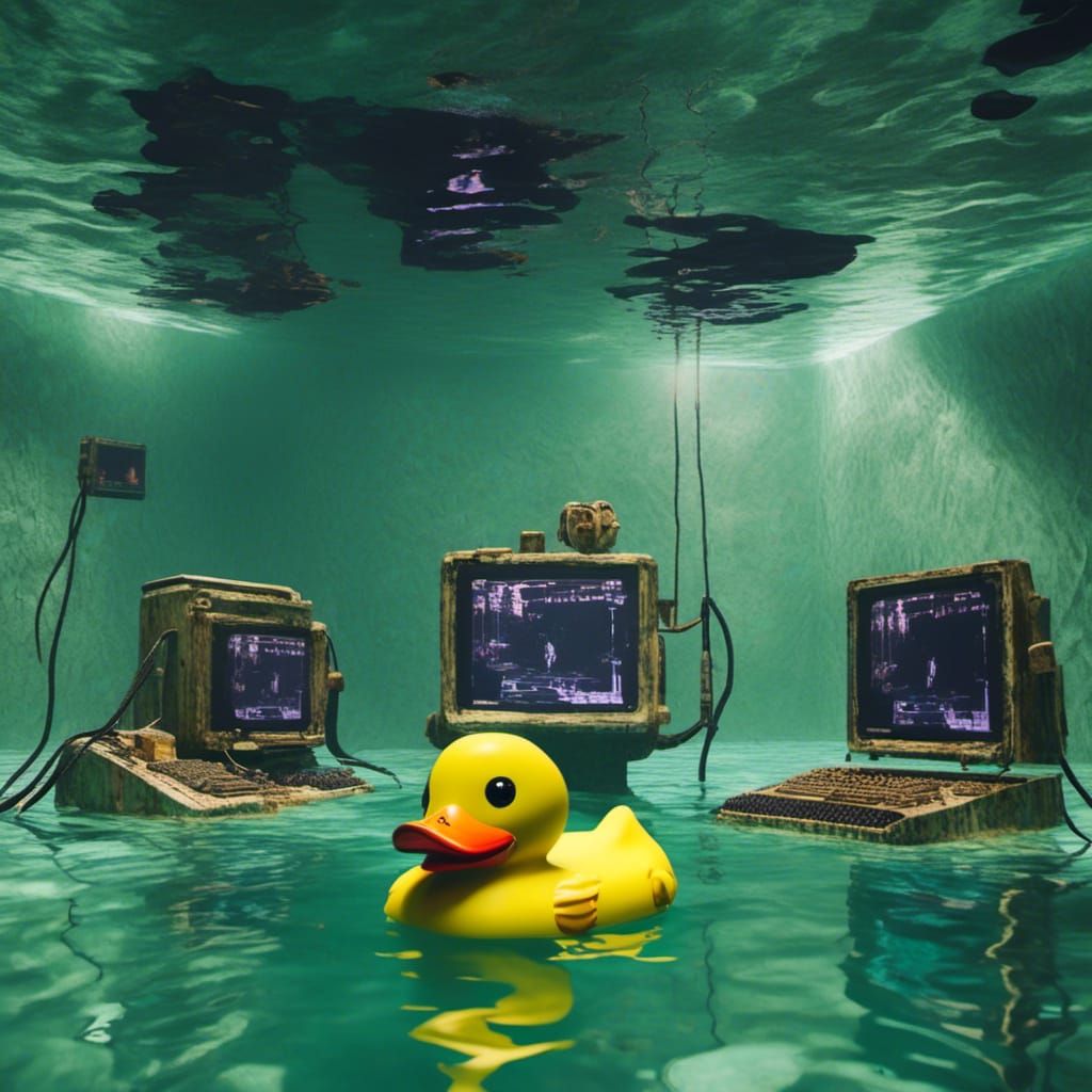 Surreal Rubber Duck in Flooded Tech Room
