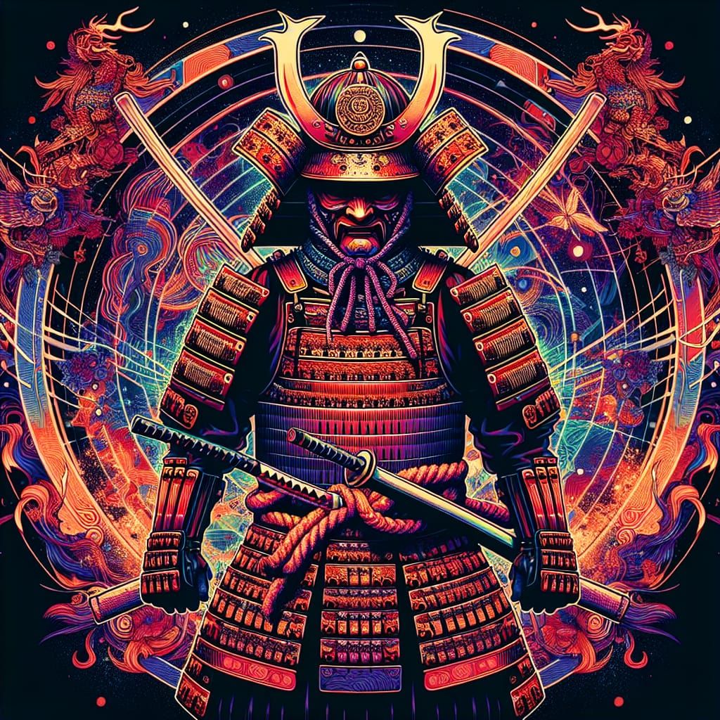 Samurai in Battle Attire with Holographic Display
