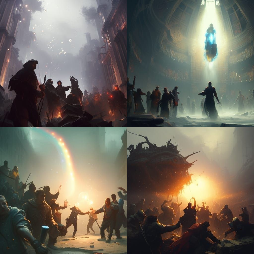 People Fighting for Knowledge Orb: Dark Fantasy Art