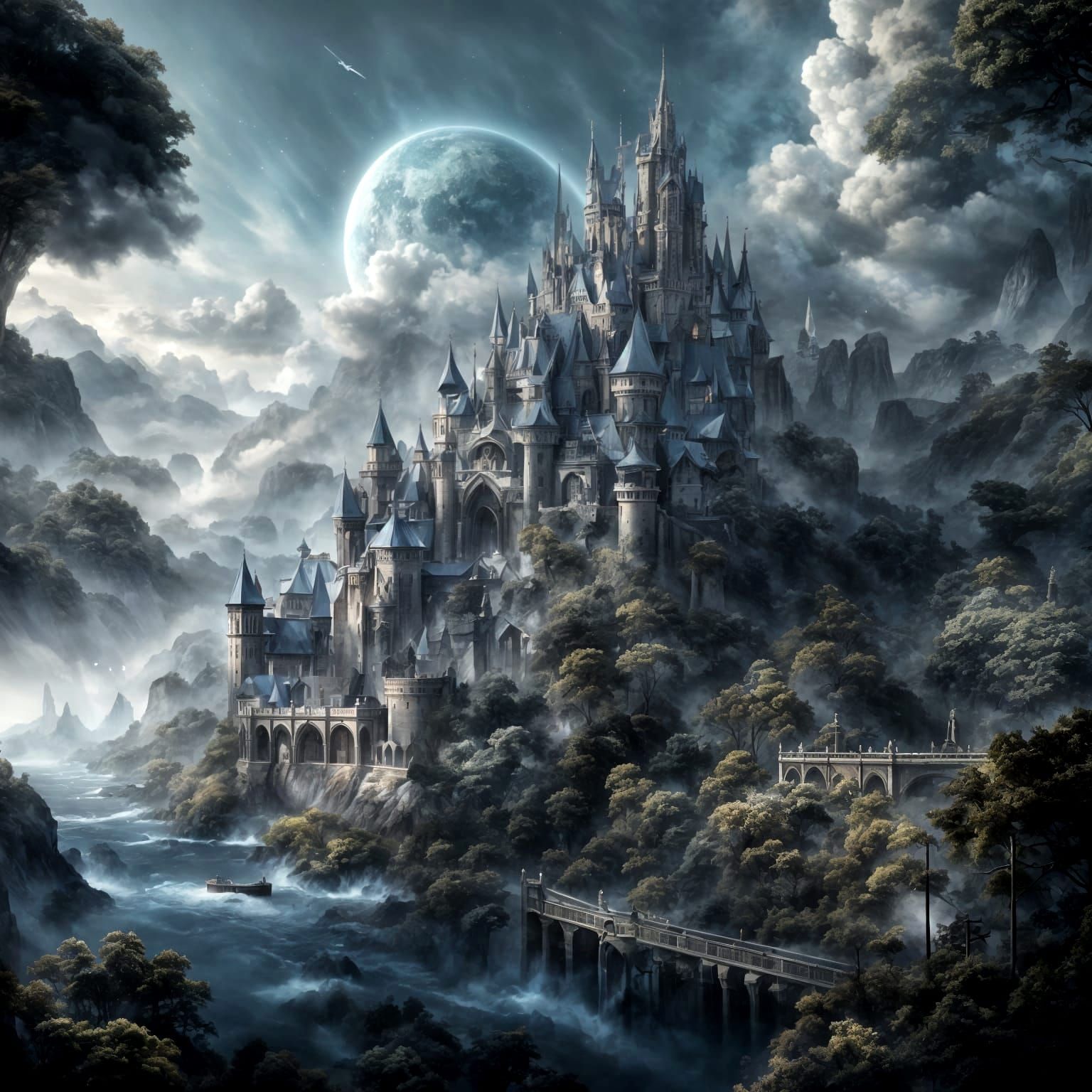 Ethereal Mist Kingdom in Shimmering Gray and Blue