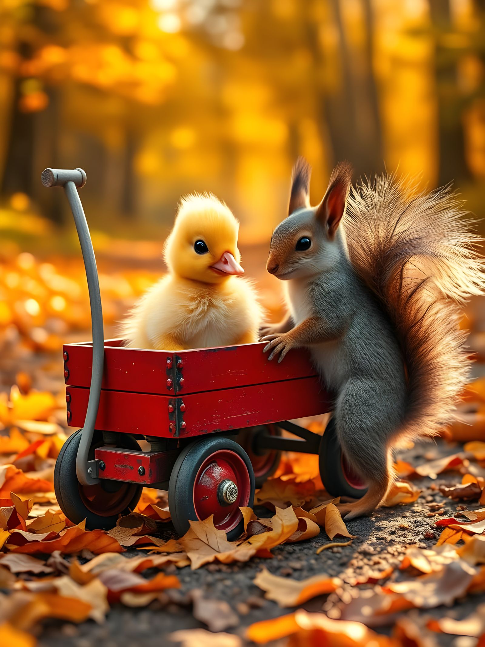 Cute Duckling and Squirrel in Autumn Forest Scene