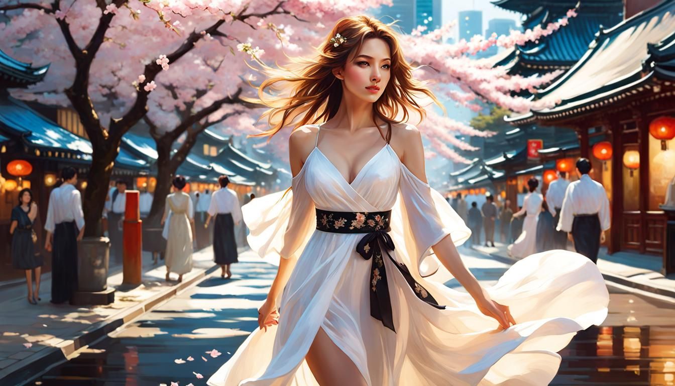 Girl in Sundress with Sakura Petals in Tokyo