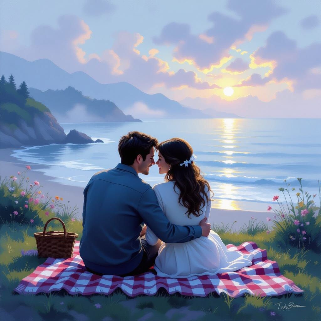 Couple's Happy Picnic by the Ocean in Oil Painting Style