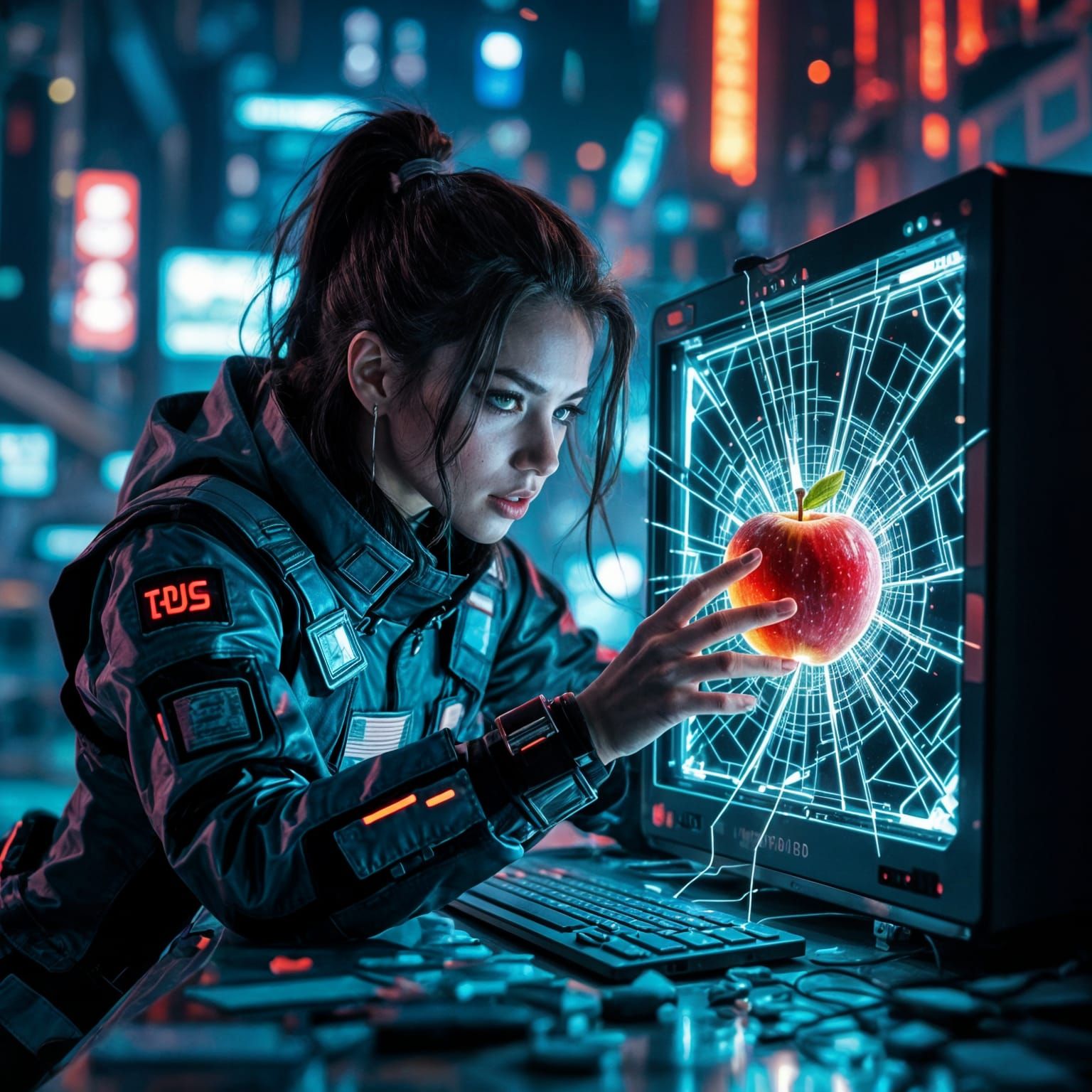 Glitched Apple: Woman Reaching Through Distorted Screen