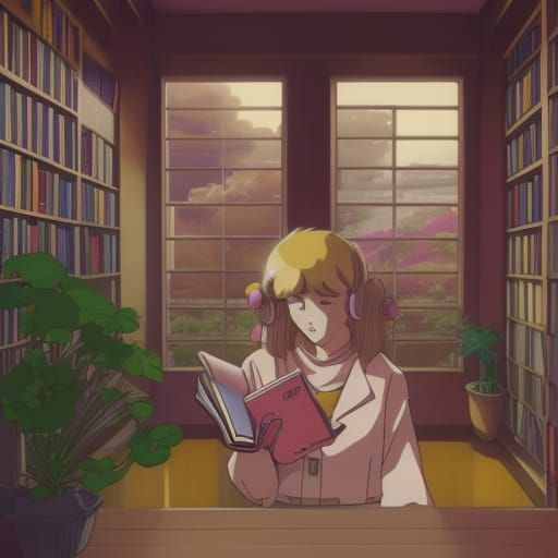 Anime Woman Reading Book in Library, Miyazaki Style